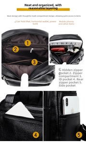 Detailed interior of a black PU leather backpack with multiple pockets and storage space