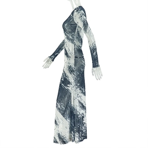 Detail of blue and white abstract print on sheer mesh long sleeve bodycon dress