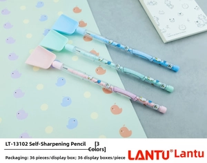 Close-up of cute cartoon stackable pencils with shovel-shaped caps in macaron colors