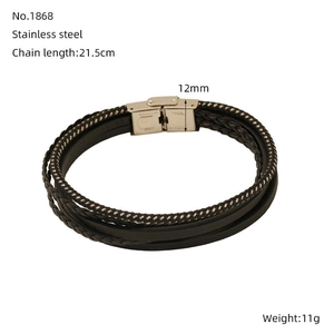 Detail of multi-layer black braided leather bracelet with stainless steel clasp, 21.5cm length