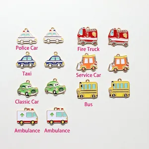 DIY colorful enamel vehicle charms in gold alloy featuring police, fire, and taxi designs