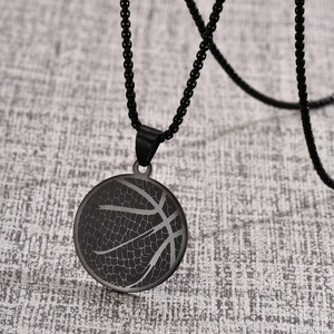 Men's basketball pendant necklace in black stainless steel with textured athletic design