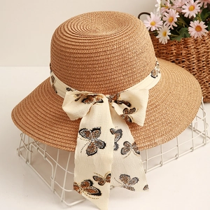 Damen Stroh Sonnenhut Breite Krempe Strand Fischerhut Mit Schmetterlingsdruck Band Schleife Sommer Outdoor Atmungsaktiv Süß