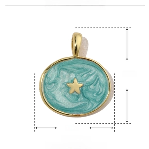 Detail view of 15x17mm oval copper and enamel charm with dimensions and material specs