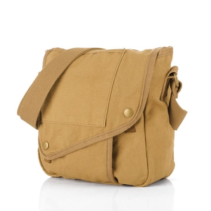 Minimalist khaki canvas crossbody bag with metal snap button and wide shoulder strap