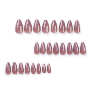 Classic almond-shaped glossy solid color press-on nails in soft mauve pink finish