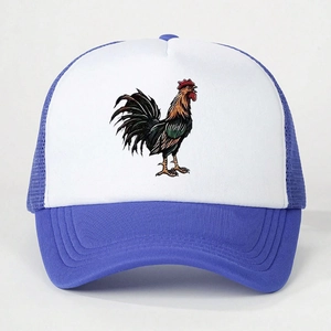 Detail showing the colorful rooster print and blue mesh back on the trucker hat