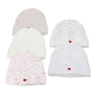 Women Knit Beanie Hat Mixed Color Heart Embroidery Acrylic Warm Soft Winter Ribbed Folded Cuff Beanie