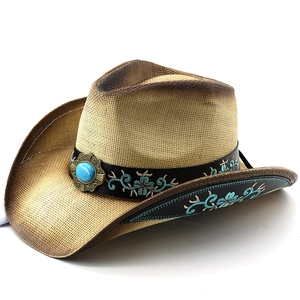 Chapeau de cowboy en paille bohème avec pierre turquoise et broderie florale bleue, beige