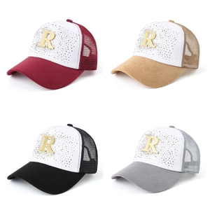 Classic R letter baseball caps with rhinestones and mesh back in four various colors