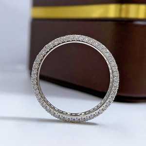 Macro shot of silver eternity band featuring multi-row pave-set clear zircon stones