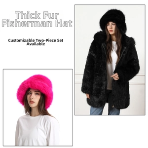 Detail of faux fox fur bucket hat set in black and magenta with thick fluffy texture