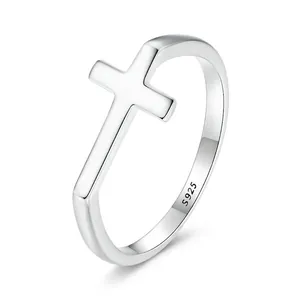 Polished S925 sterling silver minimalist cross ring for women with inner hallmark