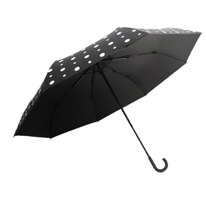 Classic black long-handle umbrella with white polka dots and elegant J-shaped handle
