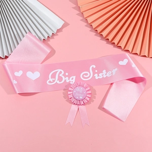 Pink Big Sister satin sash and badge set for baby shower parties with heart designs