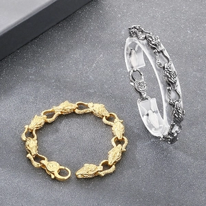 Mens stainless steel wolf head link bracelet in gold and vintage silver finish