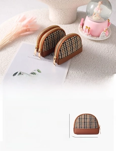 Detail view of canvas patchwork coin purse showing zippers and interior storage capacity