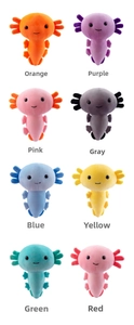 Collection of eight colorful plush axolotl toys in a 2x4 grid layout on white background