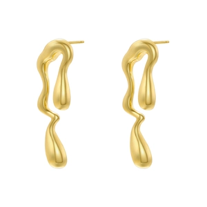 Detailed view of fluid golden drop earrings with irregular polished metallic texture