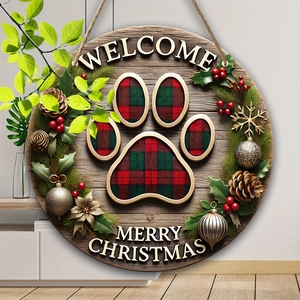 Wooden Christmas welcome sign with dog paw print and red plaid plaid rustic door hanger