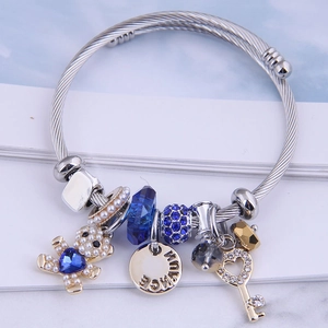 Silver twisted cable bracelet with blue heart bear charm and Prince engraved coin