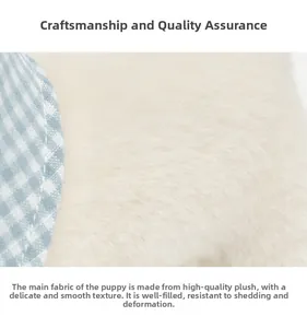 Detail of plush fox terrier dog toy showing high-quality white fur and plaid fabric