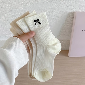 Women Crew Socks Cotton Ribbed Bow Embroidery Sweet Balletcore Style Breathable Soft Fashion Mid Calf Socks