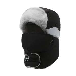 Warm black winter trapper hat for men with faux fur lining and detachable face mask
