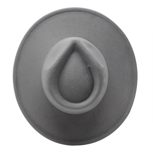 Top down view of wide brim gray felt fedora hat with double stitched edge detail
