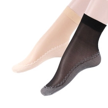 Detailed view of sheer ankle socks with reinforced grey anti-slip soles in black and beige