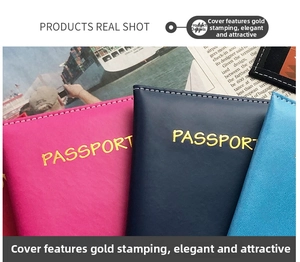 Detail of colorful PU leather passport covers with gold foil lettering and stitched edges