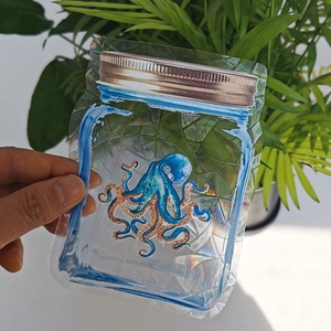 Hand holding holographic octopus mason jar sticker showing prism rainbow effect in sunlight