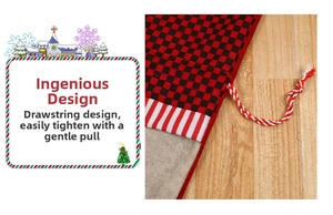 Detailed close-up of Christmas gift bag featuring red checkered fabric and drawstring cord