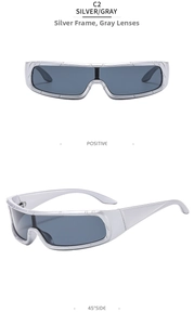 Front and side view of silver Y2K futuristic punk sunglasses with dark gray lenses