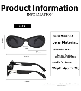 Detailed size specifications for black oval PC frame sunglasses with dimensions in mm