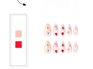 Pink almond press-on nails set with hand-painted colorful hearts and smiley faces