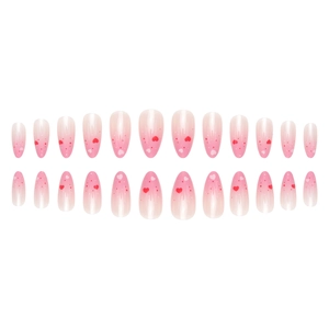 Pink gradient almond press-on nails with red heart patterns and small polka dots