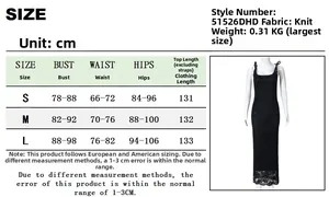 Detailed size chart for lace backless maxi dress including S, M, L measurements in cm