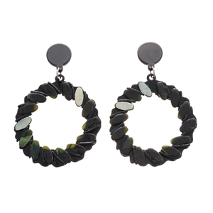 Dark green marble resin circular drop earrings with geometric hollow cutout design