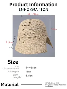 Detailed size chart for beige crochet straw sun hat with 8.5cm brim and 11cm depth