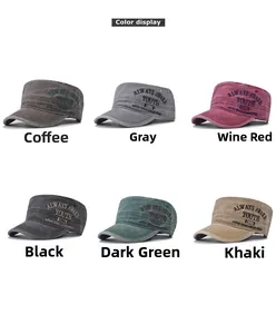 Close-up collage of vintage washed cotton military caps in six different classic colors