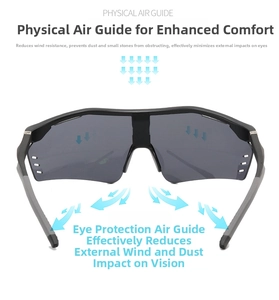 Close-up of cycling sunglasses with physical air guide holes for reduced wind resistance