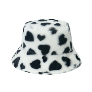 Winter plush bucket hat with black heart pattern in soft white faux rabbit fur