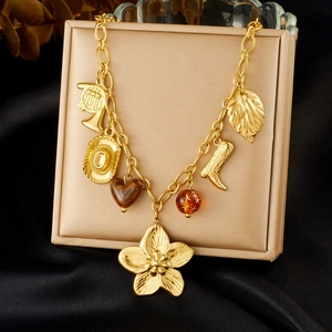 Vintage Multi Charm Pendant Necklace Gold Plated Stainless Steel Flower Cowboy Boot Hat French Horn Jewelry For Women