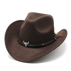 Detail of silver bull skull emblem on dark brown western cowboy felt hat band