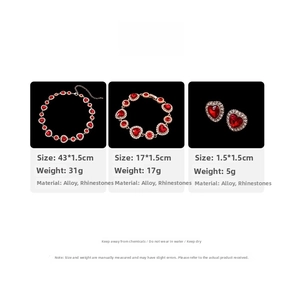 Dimensions détaillées du coffret bijoux avec collier, bracelet et boucles d'oreilles cœur