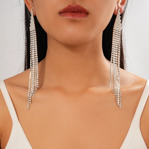 Close-up of long silver fringe earrings with sparkling rhinestones on model