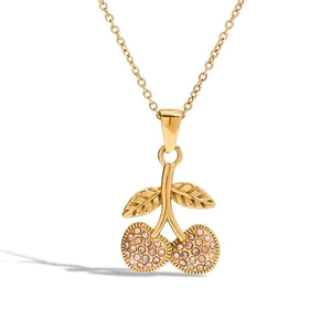 Stainless Steel Cherry Pendant Necklace With Pink Zircon 18K Gold Plated Hypoallergenic Sweet Style Jewelry For Women