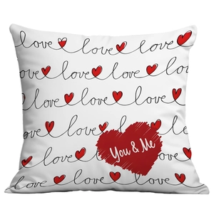 White square pillowcase with red heart You & Me text and love script pattern
