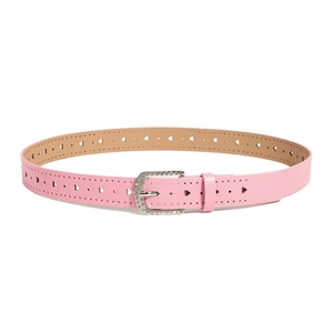 Pink faux leather belt with heart-shaped cutouts and sparkling rhinestone buckle